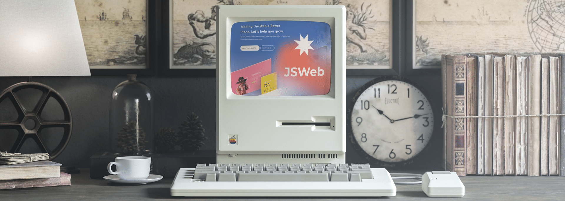 homepage banner showing an old Mac displaying the JSWeb website